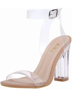 Clear Strap Nude Block Heel Sandals by Zriey